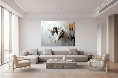 Modern living room with a large abstract painting on the wall above a sofa.