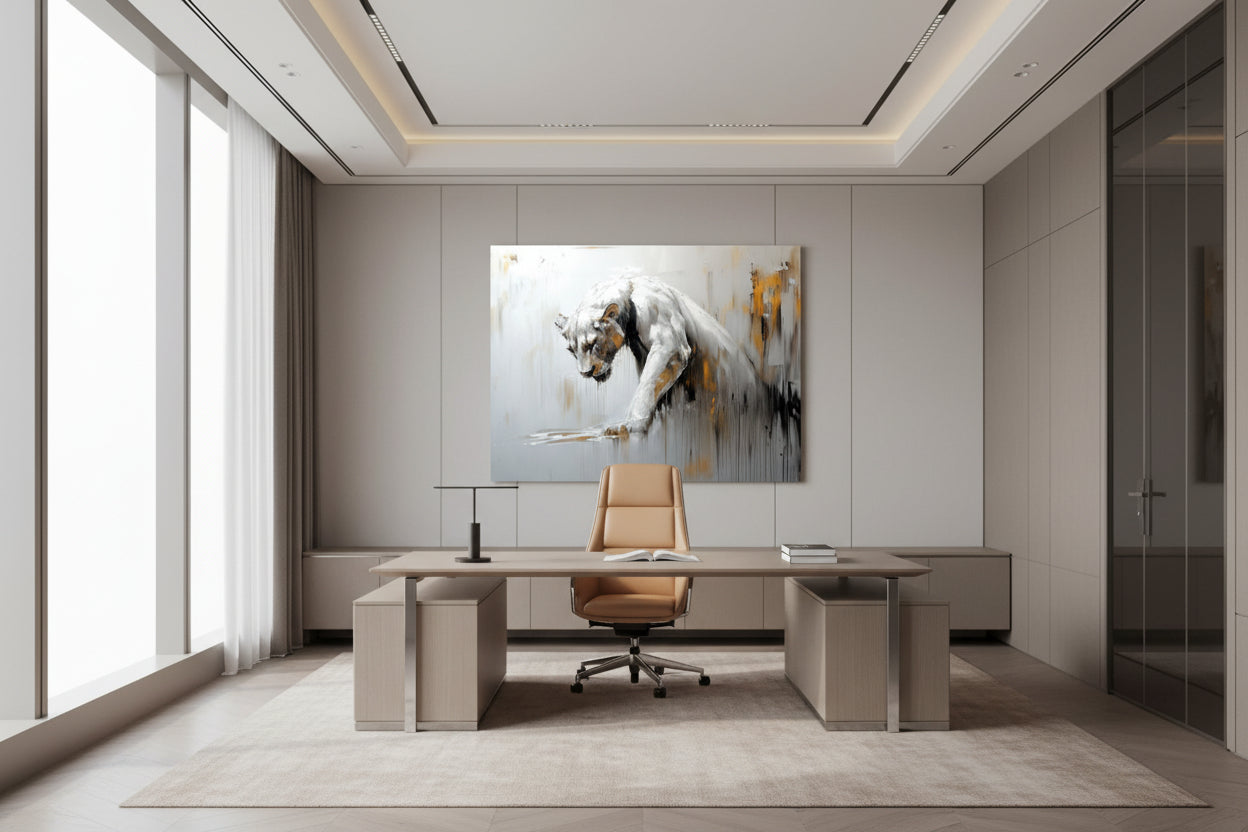 Modern office interior with a large desk, chair, and elegant abstrac wall art.