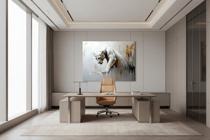 Modern office interior with a large desk, chair, and elegant abstrac wall art.