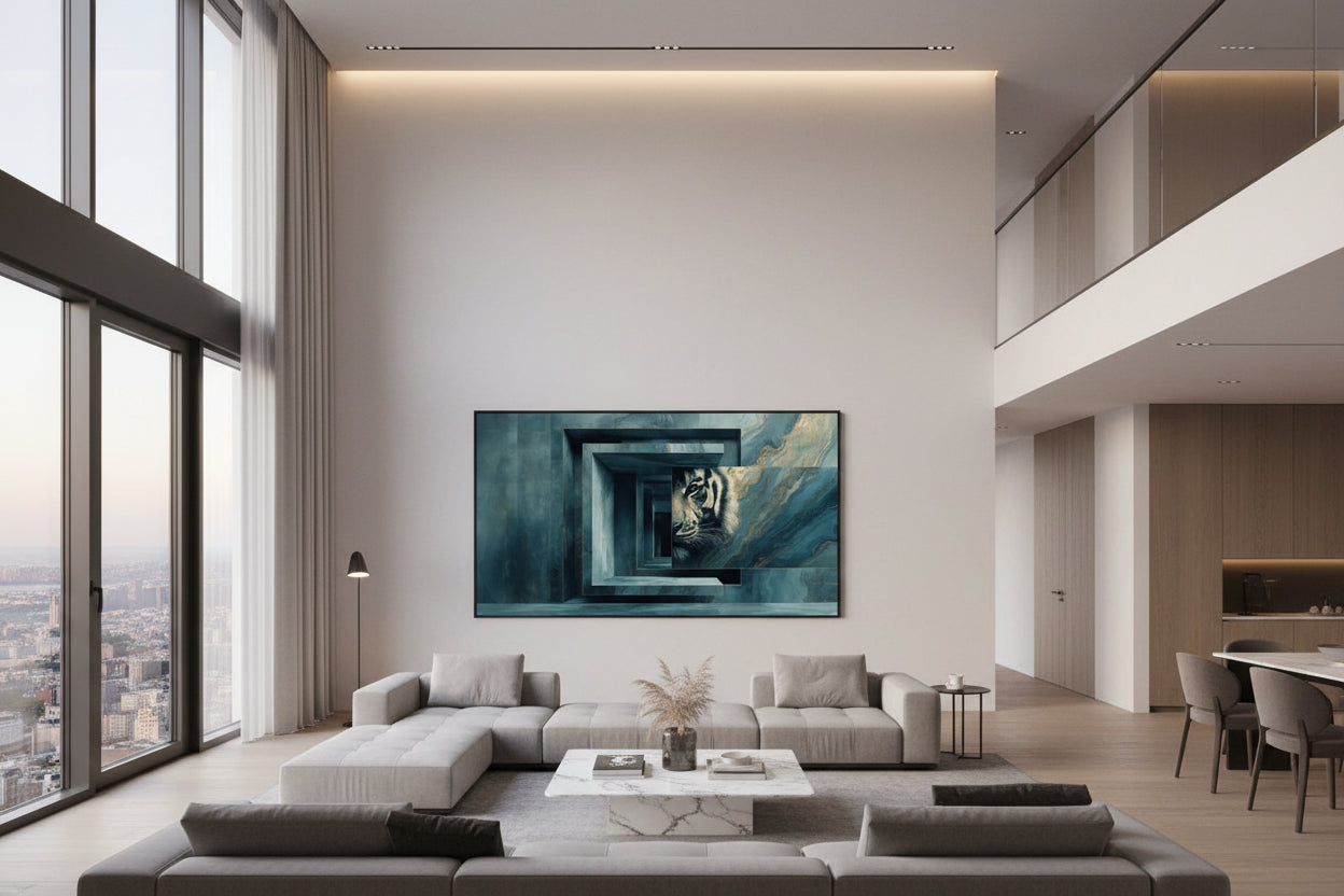 Framed tiger wall art in modern living room, large horizontal artwork above sofa, bright open interior with natural light