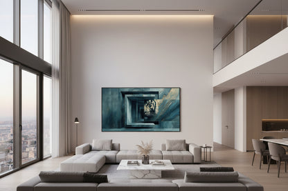 Framed tiger wall art in modern living room, large horizontal artwork above sofa, bright open interior with natural light