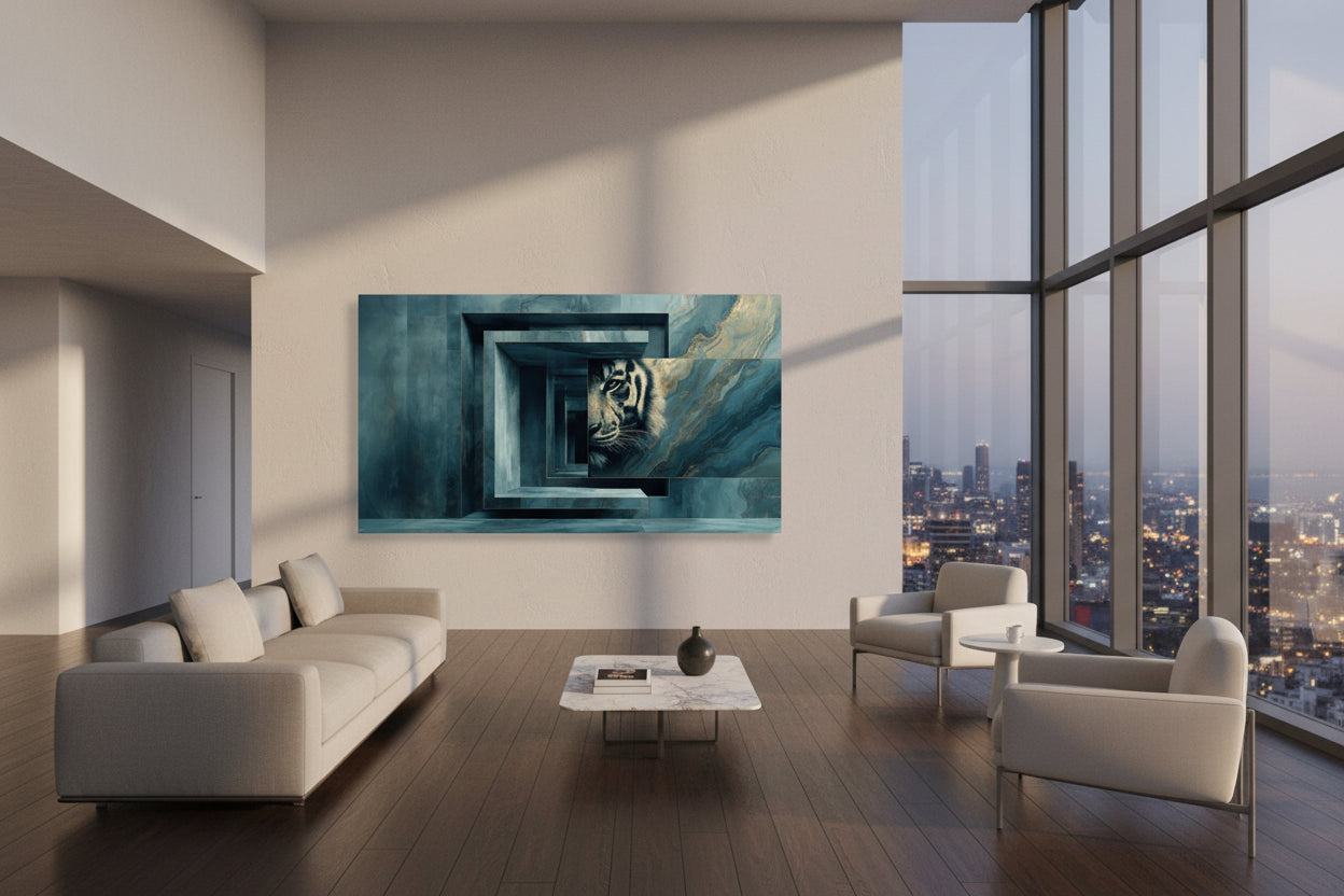 Framed tiger wall art in contemporary apartment, large horizontal artwork on wall, city view and modern interior
