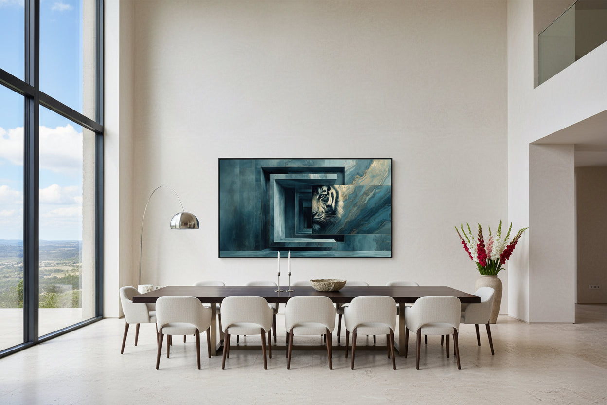 Framed tiger wall art in dining area, large horizontal artwork on wall, minimal table setting and open space