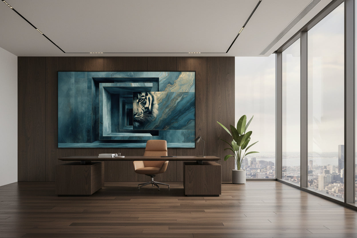 Framed tiger wall art in modern executive office, horizontal artwork behind desk, clean workspace with natural light, wooden desk, and chair.