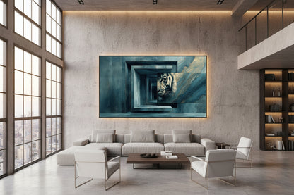 Framed tiger wall art in loft interior, large horizontal artwork on concrete wall, industrial windows and open space