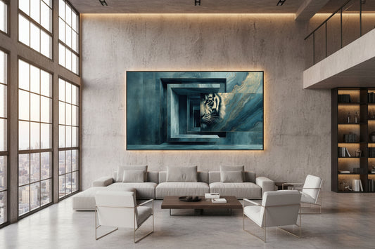Framed tiger wall art in loft interior, large horizontal artwork on concrete wall, industrial windows and open space