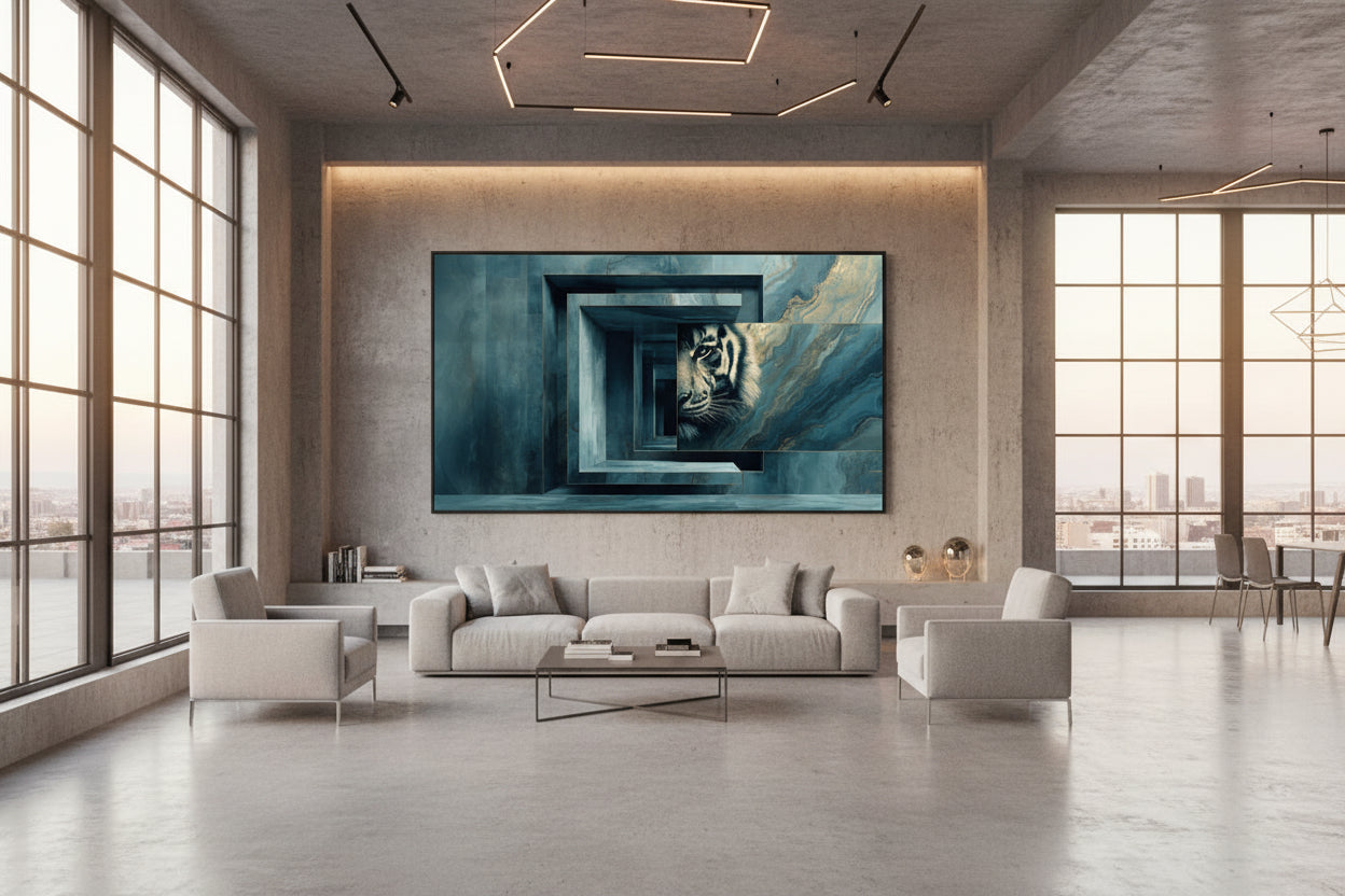 Framed tiger wall art in loft interior, large horizontal artwork on concrete wall, industrial windows and open space