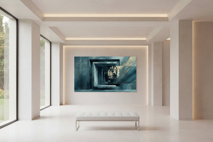 Framed tiger wall art in square hallway space, horizontal artwork on wall with integrated soft lighting