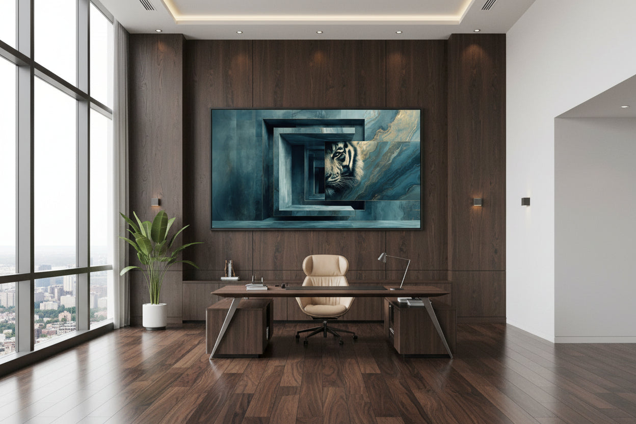 Framed tiger wall art in modern executive office, horizontal artwork behind desk, clean workspace with natural light, wooden desk, and chair.