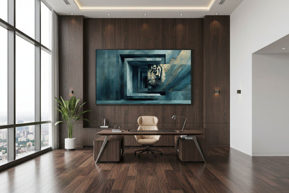 Framed tiger wall art in modern executive office, horizontal artwork behind desk, clean workspace with natural light, wooden desk, and chair.