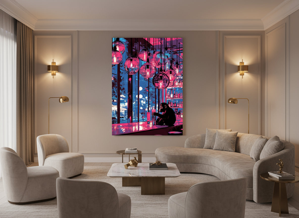 Modern living room with a large abstract painting on the wall.