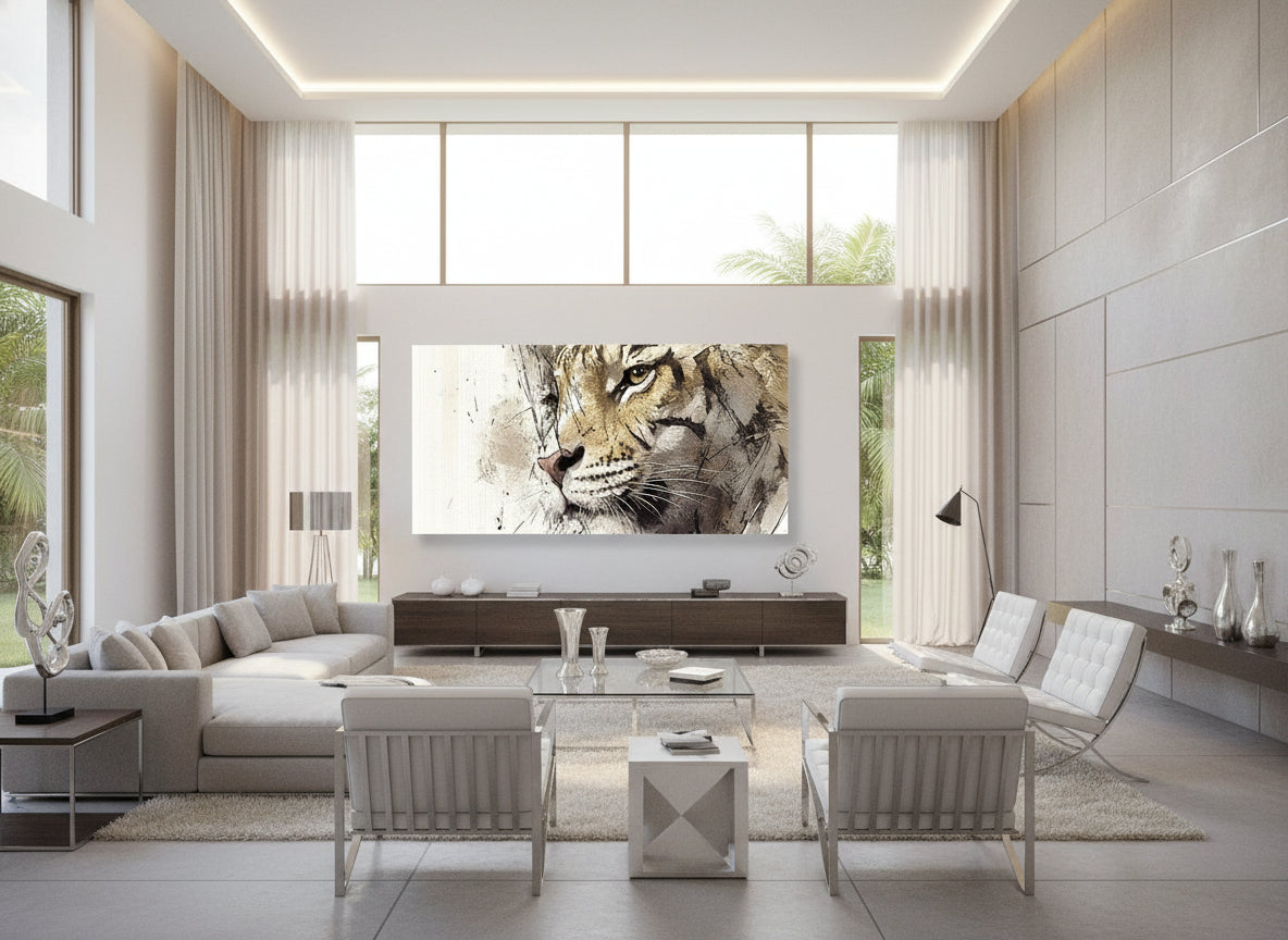Modern living room with a large statement fine art piece of an abtract tiger, surrounded by elegant furniture in neutral colored living room 
