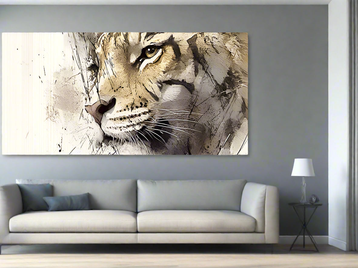 Large abstract painting of a tiger's face on a wall above a sofa in a living room.