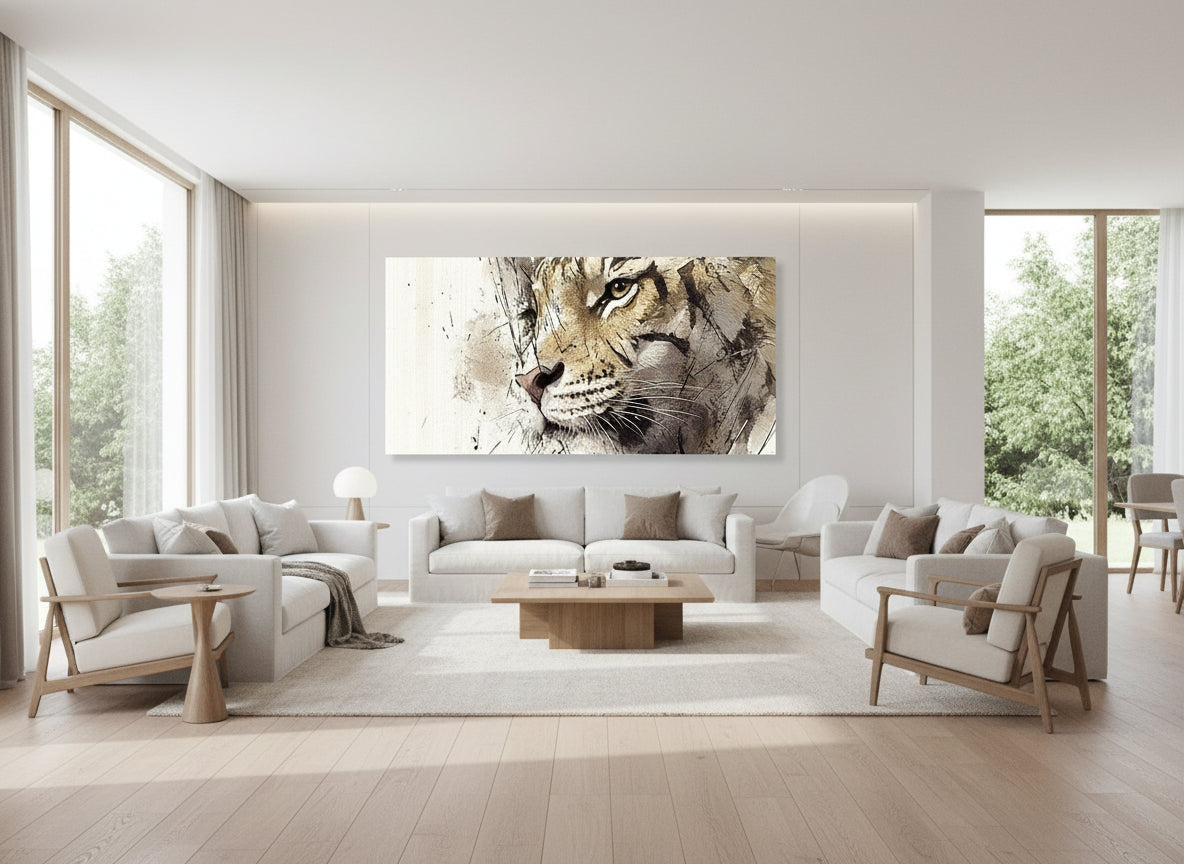 Modern living room with a large tiger painting on the wall