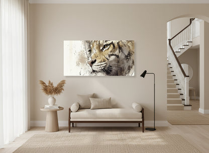 Elegant hallway with a large wall art of a tiger's face, beige sofa, and decorative elements.
