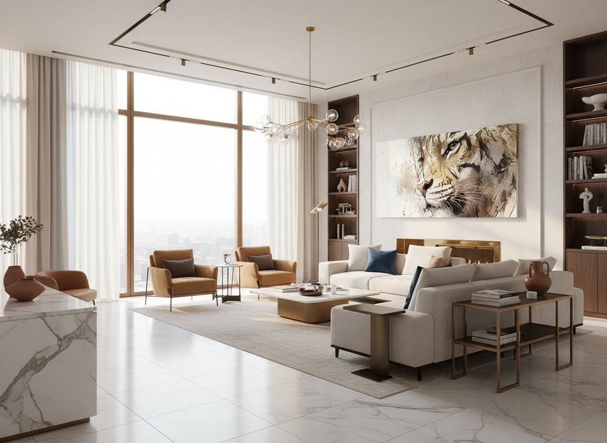 Modern living room with a large window, marble floor, and stylish furniture.large abstract tiger art pirint on the wall