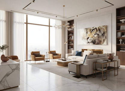 Modern living room with a large window, marble floor, and stylish furniture.large abstract tiger art pirint on the wall