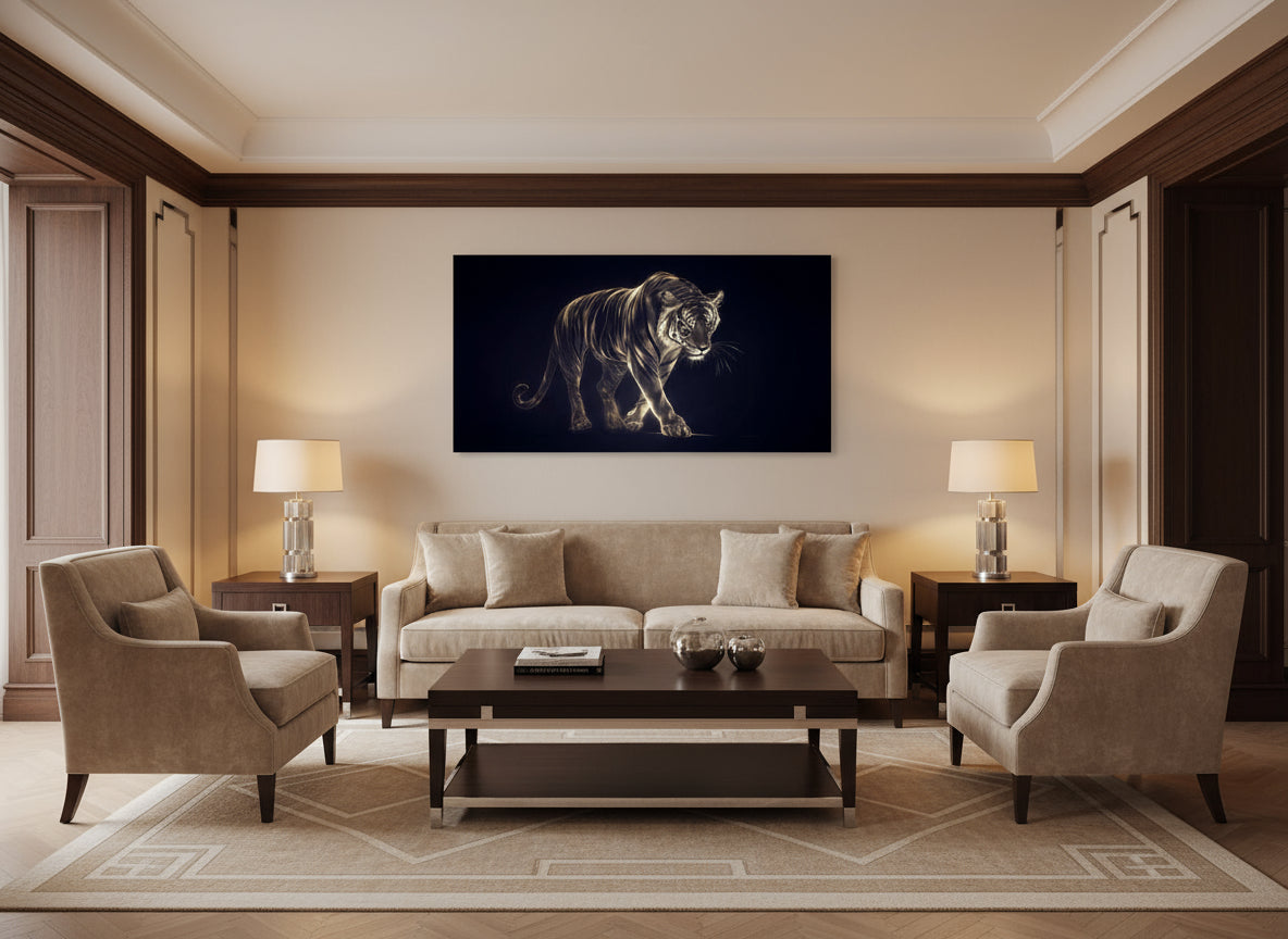 Modern living room with a statement fine art tiger print on the wall