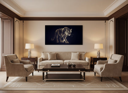 Modern living room with a statement fine art tiger print on the wall