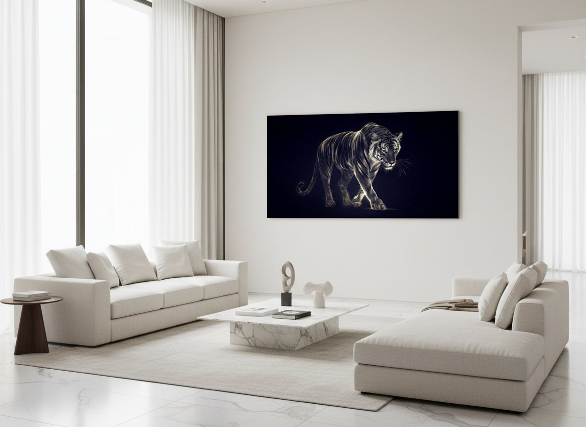 Modern living room with a statement fine art tiger print on the wall