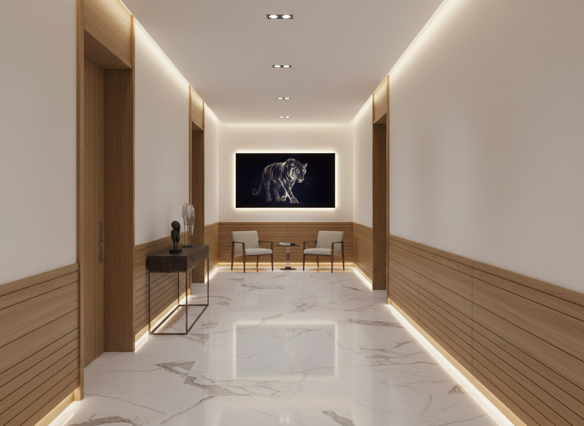 Modern hallway with marble floor, wooden details, a statement fine art tiger print on the end wall