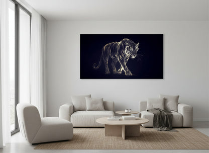 Modern living room with a statement fine art tiger print on the wall