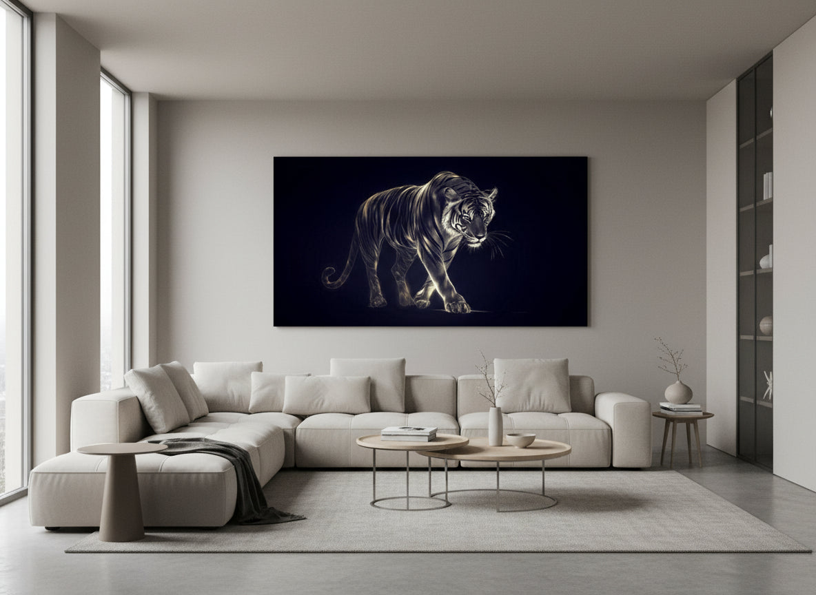 Modern living room with a statement fine art tiger print on the wall