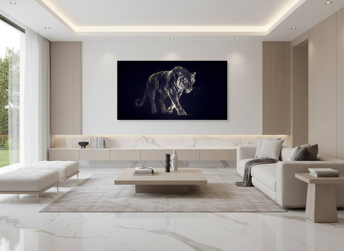 Modern living room with a statement fine art tiger print on the wall