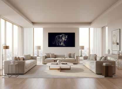 Modern living room with beige sofas, a coffee table, a statement fine art tiger print on the wall