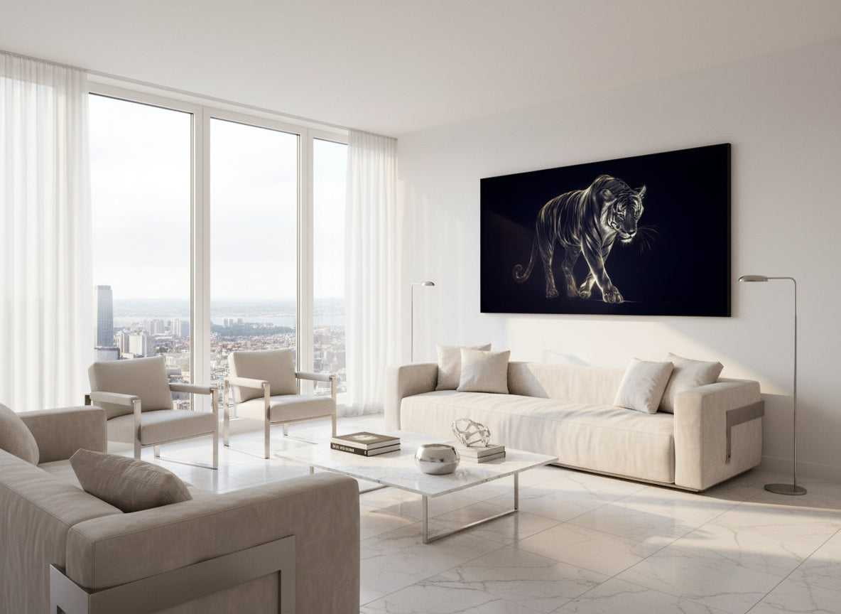 Modern living room with a statement fine art tiger print on the wall