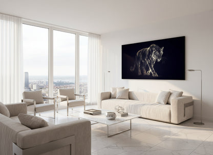Modern living room with a statement fine art tiger print on the wall