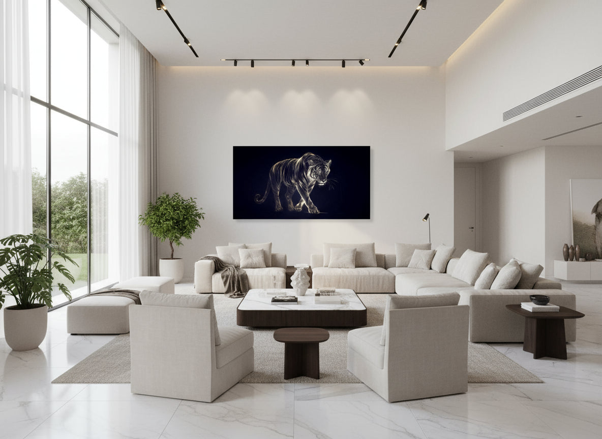 Modern living room with a statement fine art tiger print on the wall
