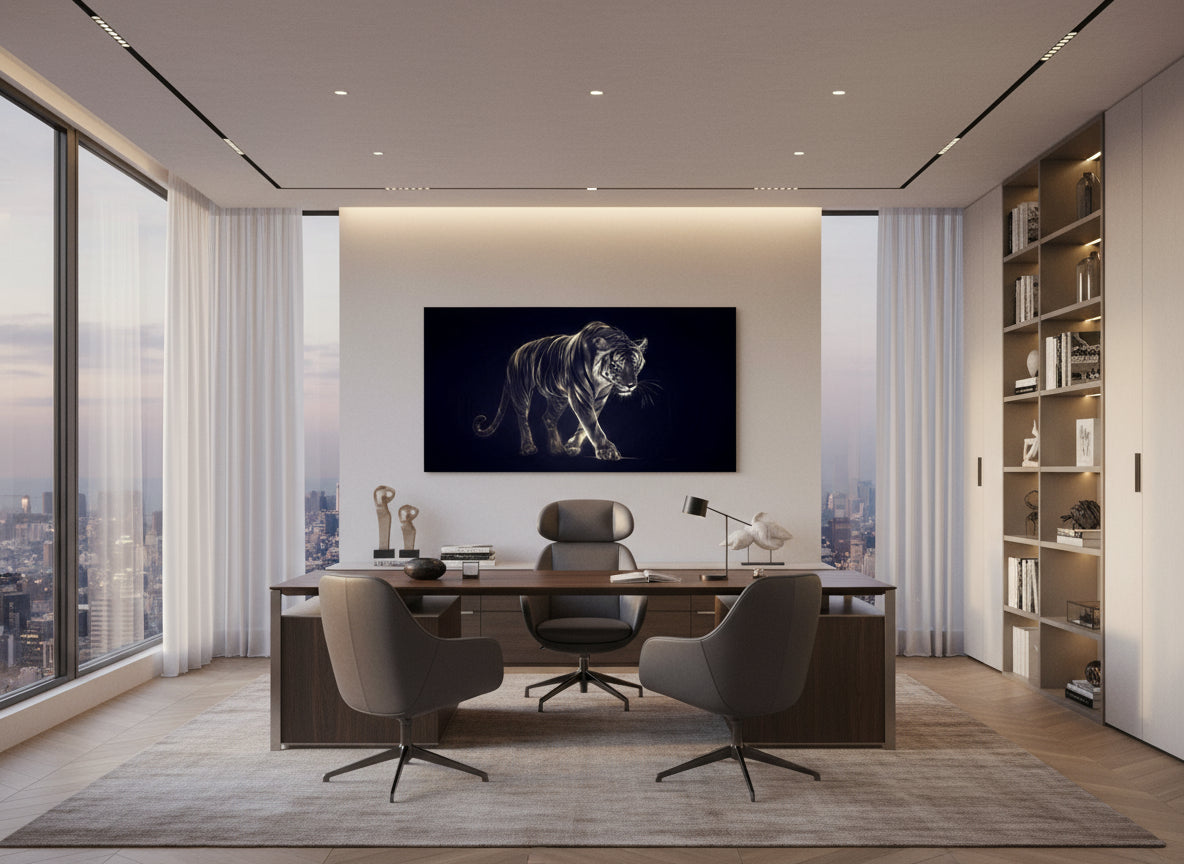 Modern office with a large desk, chairs,  and a statement fine art tiger print on the wall