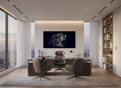 Modern office with a large desk, chairs,  and a statement fine art tiger print on the wall