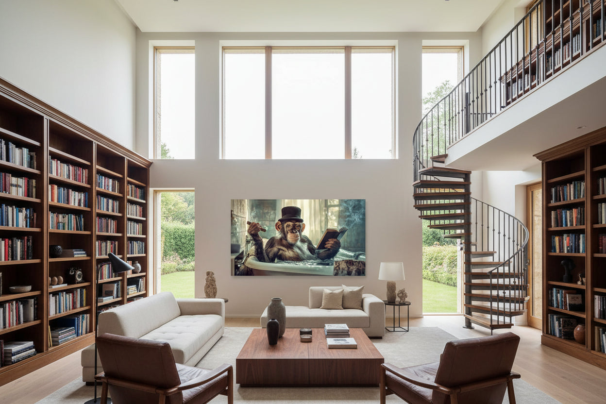 Large chimpanzee wall art centered on open wall in modern villa library with large windows and leather chairs, textile sofa, spiral staircase.