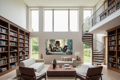 Large chimpanzee wall art centered on open wall in modern villa library with large windows and leather chairs, textile sofa, spiral staircase.