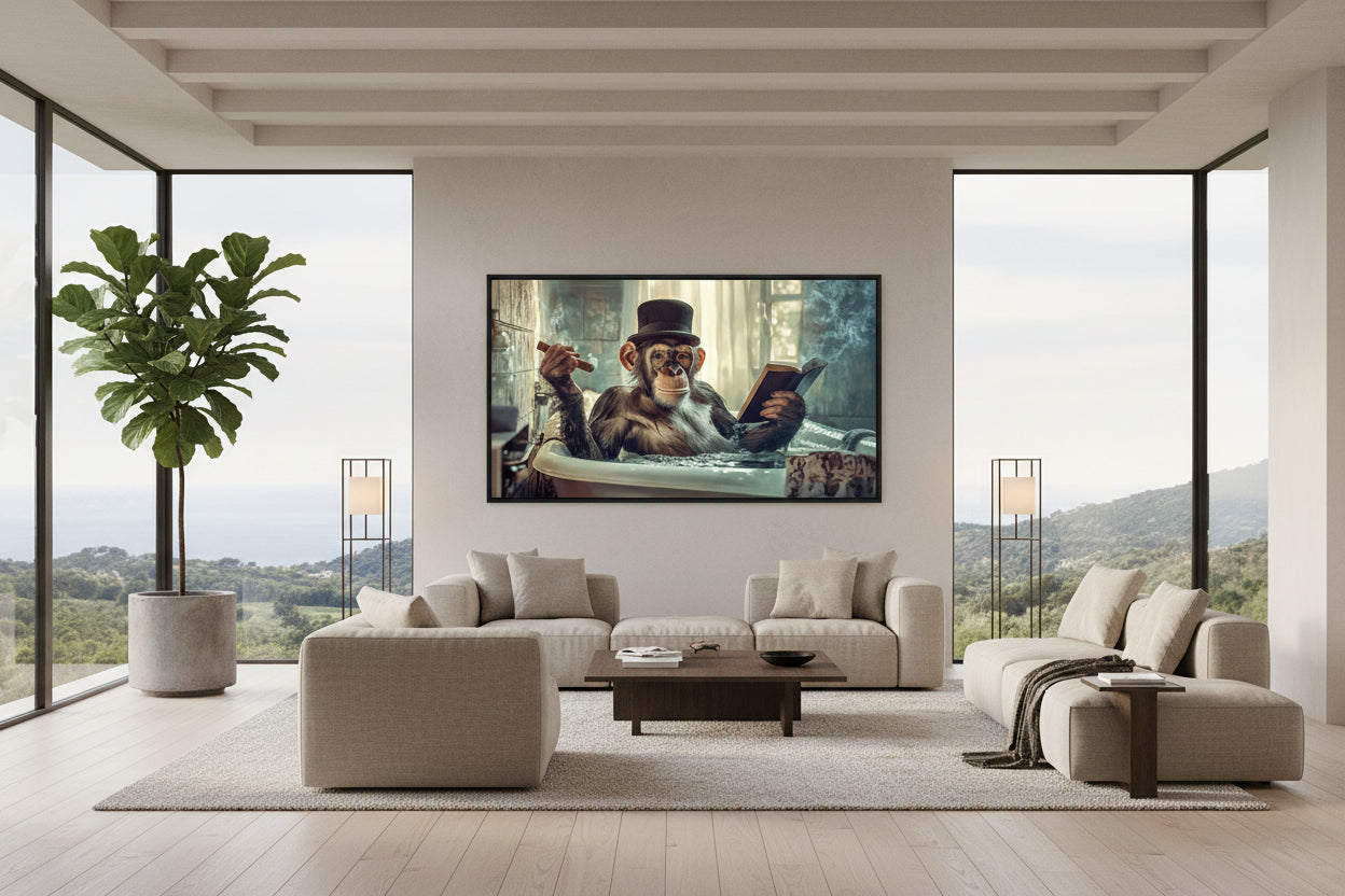 Large horizontal chimpanzee artwork displayed on expansive plaster wall in high-ceiling apartment with tall windows and designer seating.