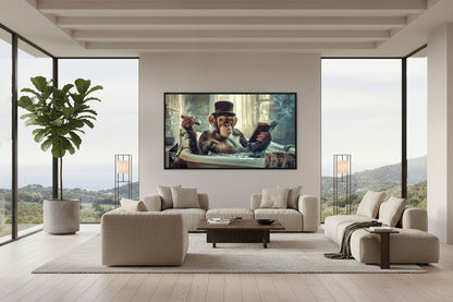 Large horizontal chimpanzee artwork displayed on expansive plaster wall in high-ceiling apartment with tall windows and designer seating.