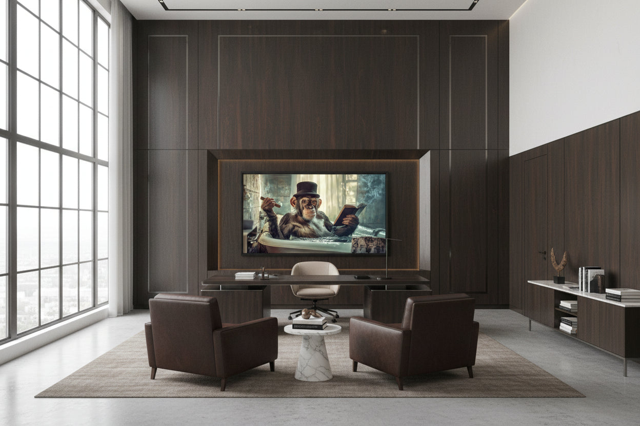 Oversized horizontal chimpanzee statement artwork mounted behind executive desk in high-ceiling office with large grid windows.