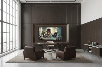 Oversized horizontal chimpanzee statement artwork mounted behind executive desk in high-ceiling office with large grid windows.