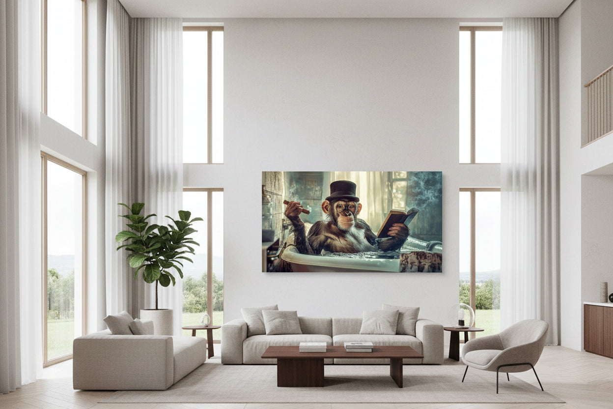 Large horizontal chimpanzee artwork displayed on expansive plaster wall in high-ceiling apartment with tall windows and designer seating.