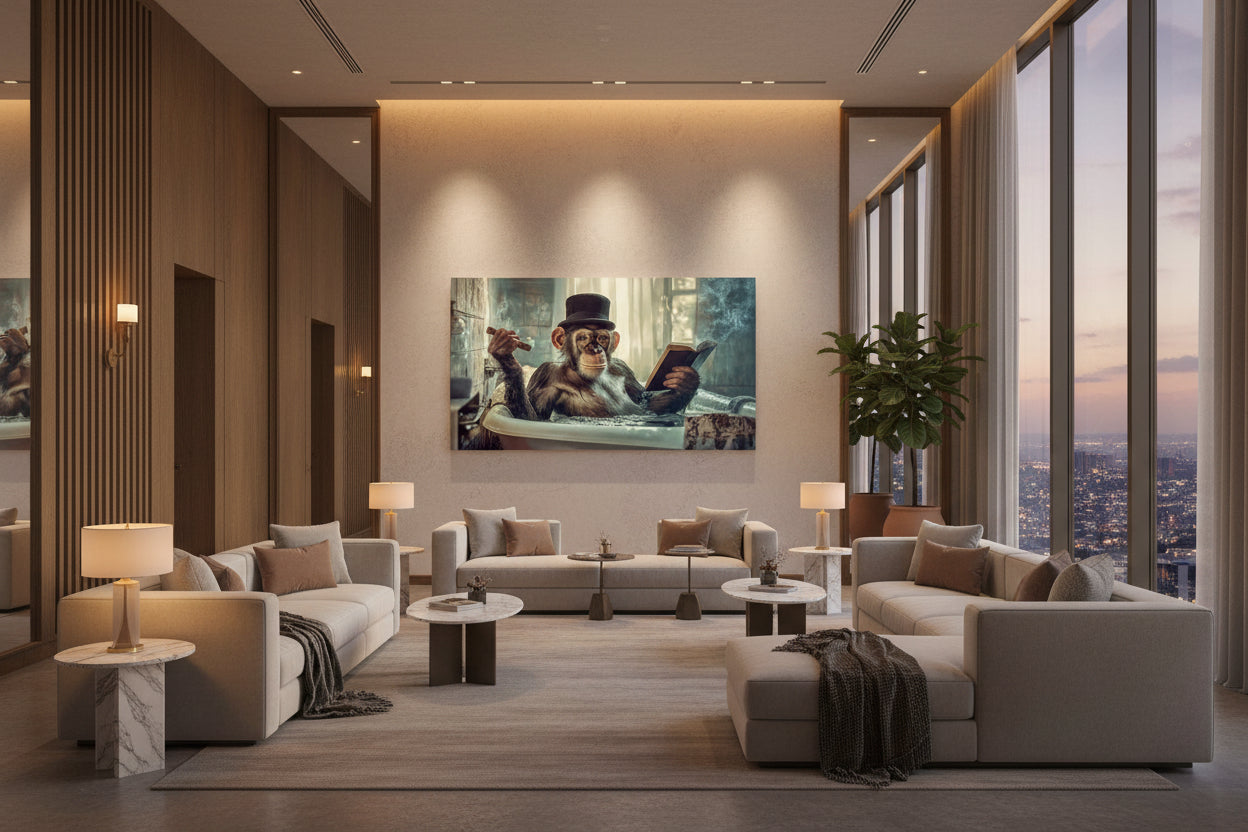 Oversized chimpanzee artwork installed on feature wall in hotel lounge with tall windows and soft textile seating.