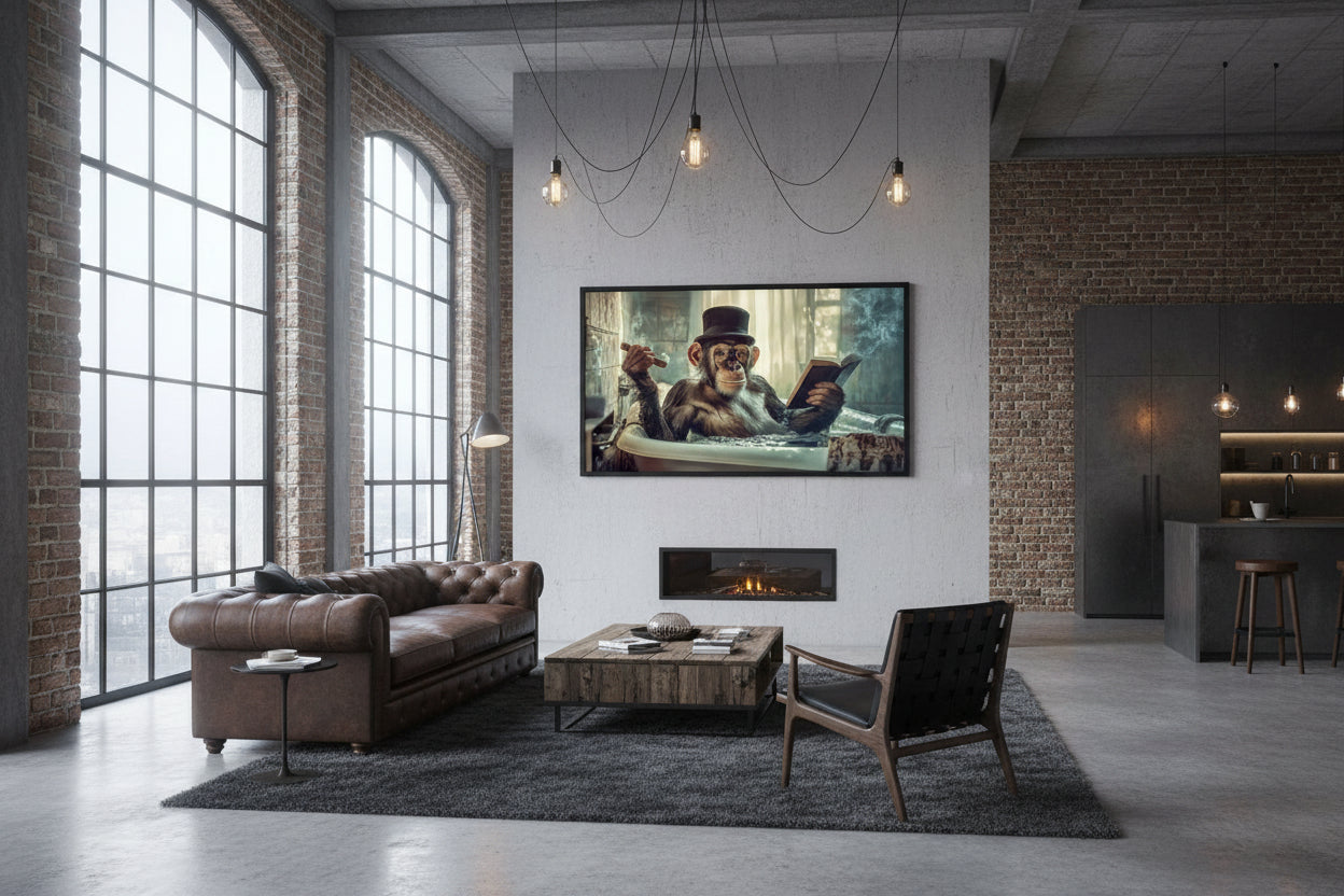 Large horizontal chimpanzee statement artwork mounted on raw brick wall in double-height factory style apartment with steel-framed windows.