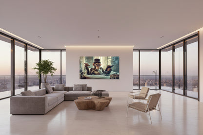 Large horizontal chimpanzee artwork displayed on expansive plaster wall in high-ceiling apartment with tall windows, city view and designer seating.