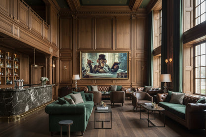 Oversized chimpanzee artwork installed on feature wall in gentleman's lounge with tall windows and leather seating and a long marble bar desk
