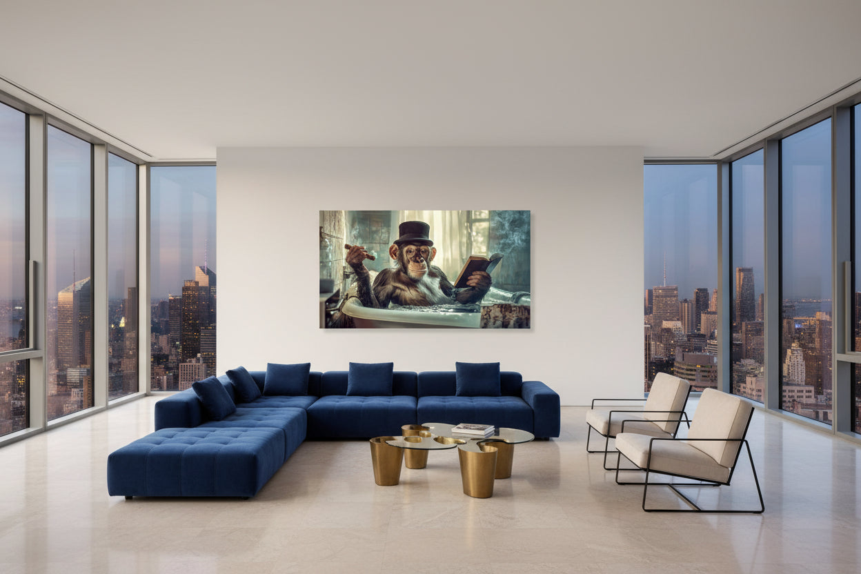 Large horizontal chimpanzee wall art dominating open wall in penthouse with floor-to-ceiling glass windows.