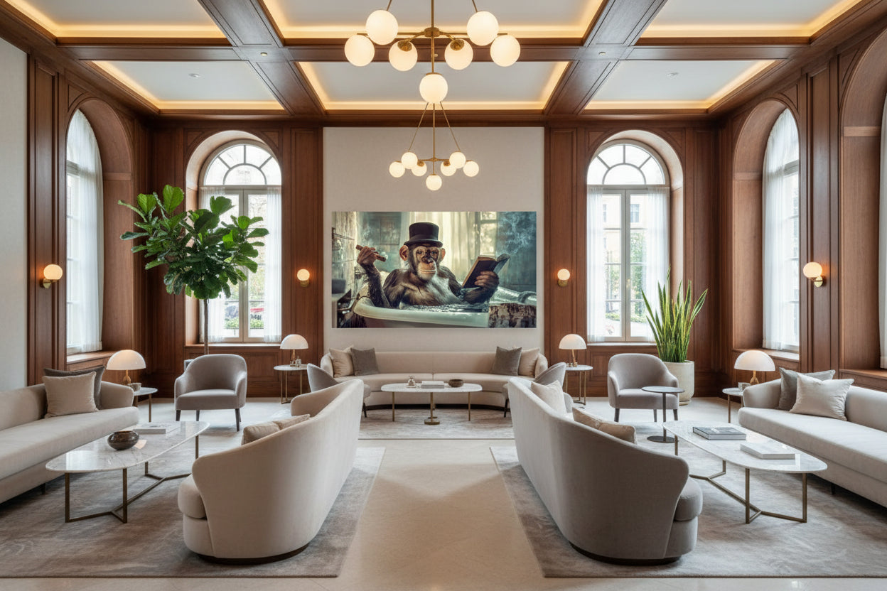 Oversized chimpanzee artwork installed on feature wall in hotel lounge with tall arched windows and soft textile seating.