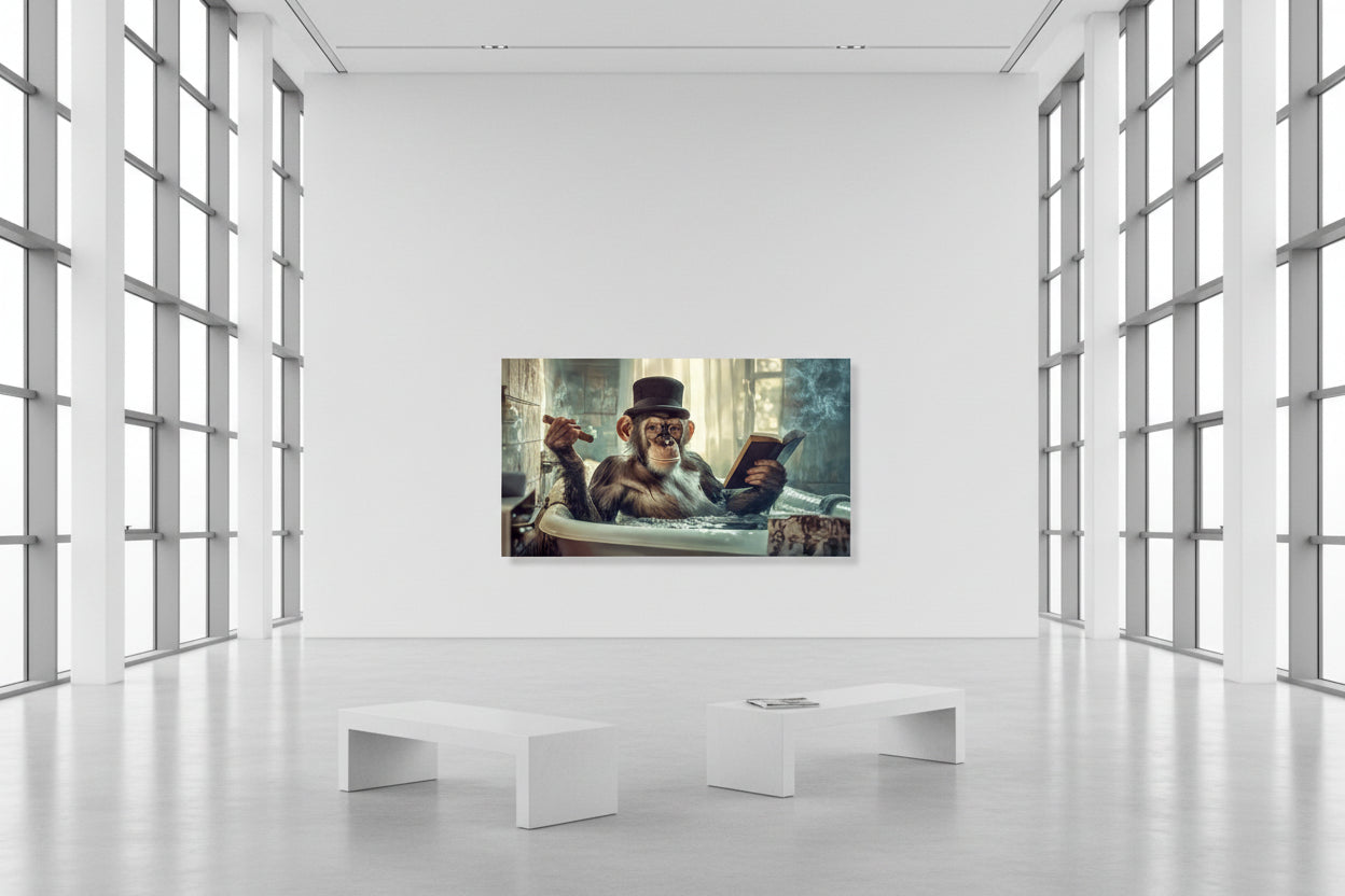 Oversized horizontal wildlife artwork spanning expansive white gallery wall with high ceilings and polished concrete floors.