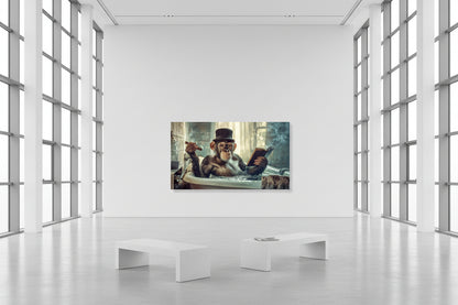 Oversized horizontal wildlife artwork spanning expansive white gallery wall with high ceilings and polished concrete floors.