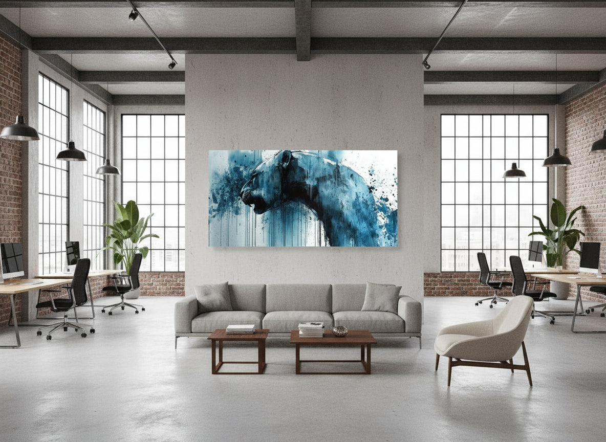Modern office interior with a large  abstract fine art lioness print on the wall.